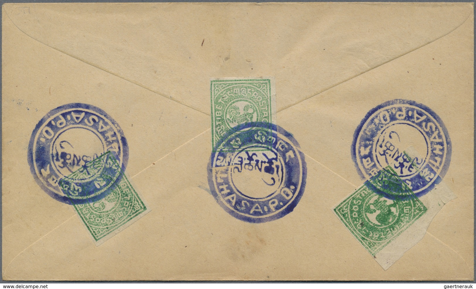 Br Tibet: 1912, 1/6 T. Bluish Green (3, Inc. Bottom Left Corner Copy) Tied Blue Intaglio „LHASA P.O.“ T - Autres - Asie
