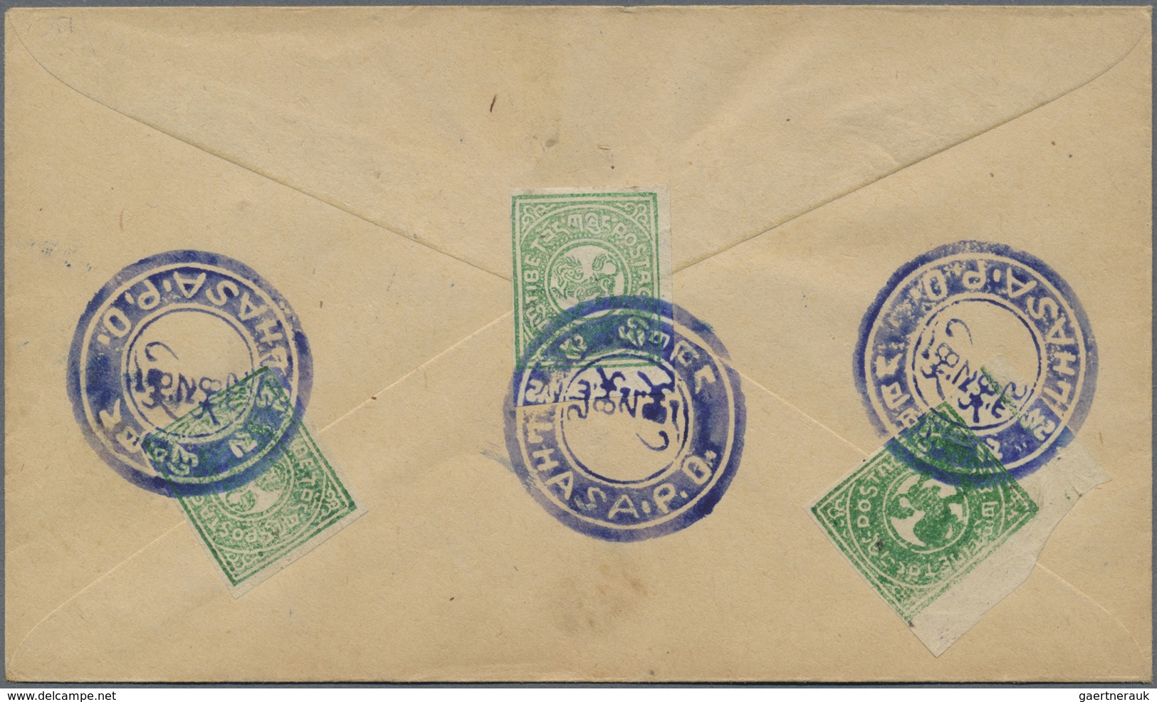 Br Tibet: 1912, 1/6 T. Bluish Green (3, Inc. Bottom Left Corner Copy) Tied Blue Intaglio „LHASA P.O.“ T - Andere-Azië