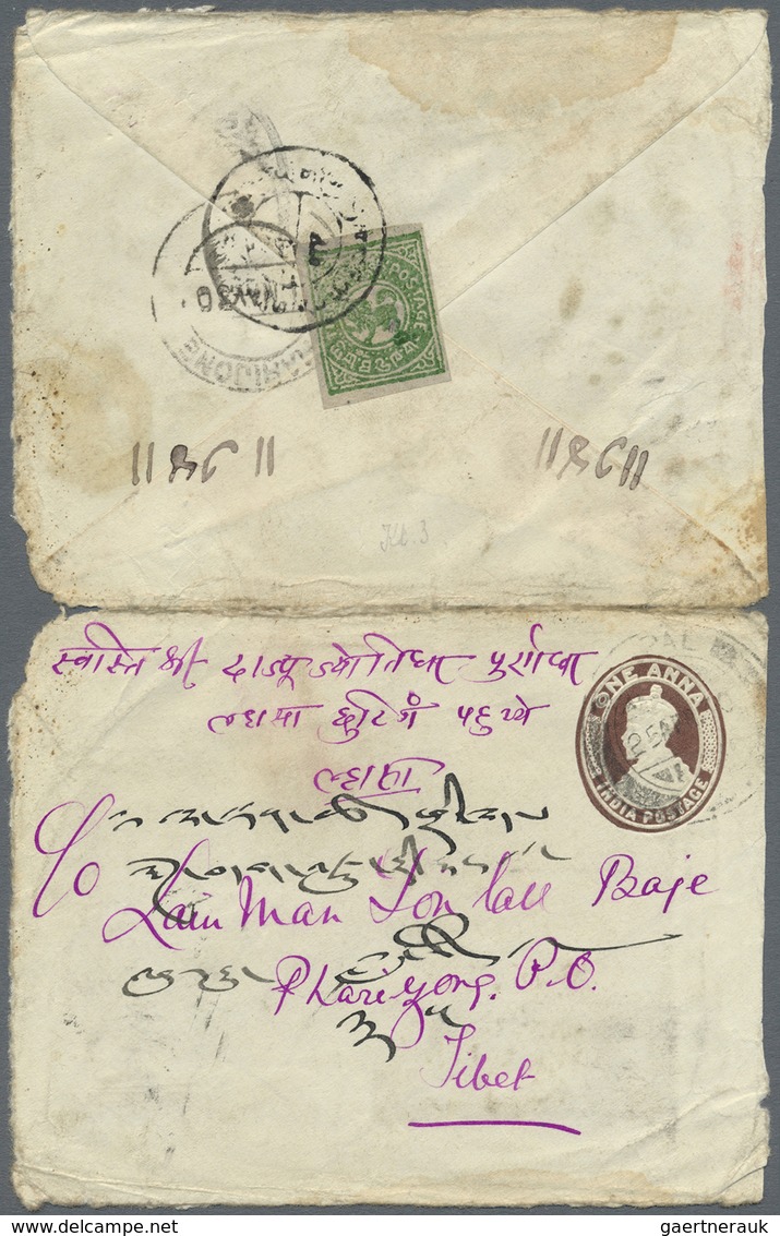 GA Tibet: 1912, 1/4 T. Cliché 3 Tied "Phari" (date Ms.) To Reverse Of Inbound India Envelope 1 A. Canc. - Andere-Azië