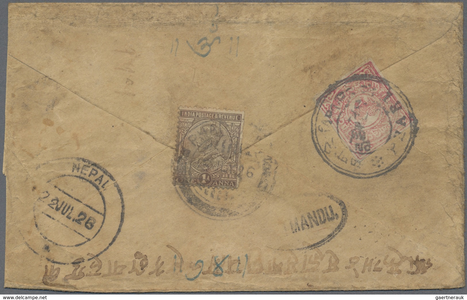 Br Tibet: 1926 Registered Cover From Phari To Kathmandu, Nepal, Franked On The Back By Tibet 2/3t. Carm - Andere-Azië