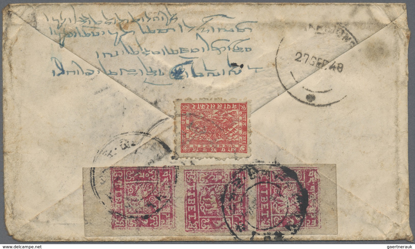 Br Tibet: 1933-38 1t. Rose-carmine Vertical Strip Of Three, Top & Bottom Marginal, Tied By "PHARI" Doub - Asia (Other)