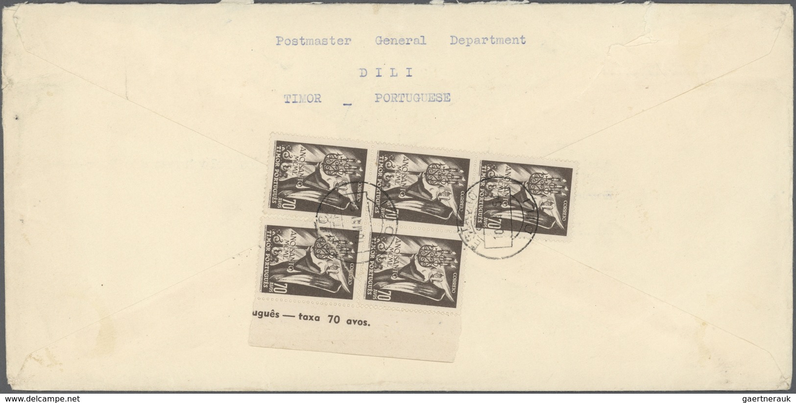 Br Timor: 1954, 70 Avos 1950 Holy Year As A Block Of Five On Back Of A Registered Airmail Letter. Envel - Oost-Timor