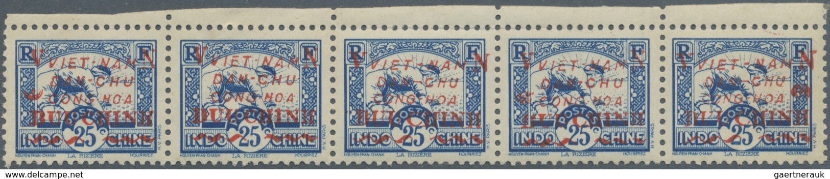** Vietnam-Nord (1945-1975): 1946, 25 C. W. Red Ovpt., A Horizontal Top-margin Strip Of 5 With Variety - Vietnam