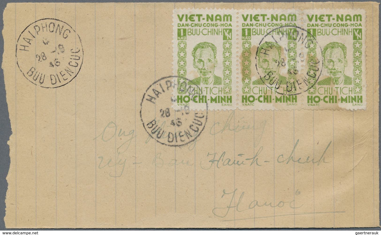 Br Vietnam-Nord (1945-1975): 1946, 1 H. Yellow Green, A Horizontal Strip-3 Tied "HAIPHONG 28 - 9 46" To - Vietnam