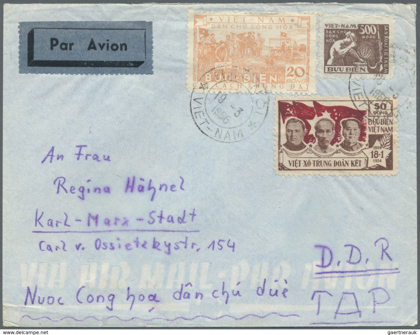 Br Vietnam-Nord (1945-1975): 1954, Vietnam-China-Sowjetunion Friendship 50 D, Agrar Reform 20 D And Inc - Vietnam