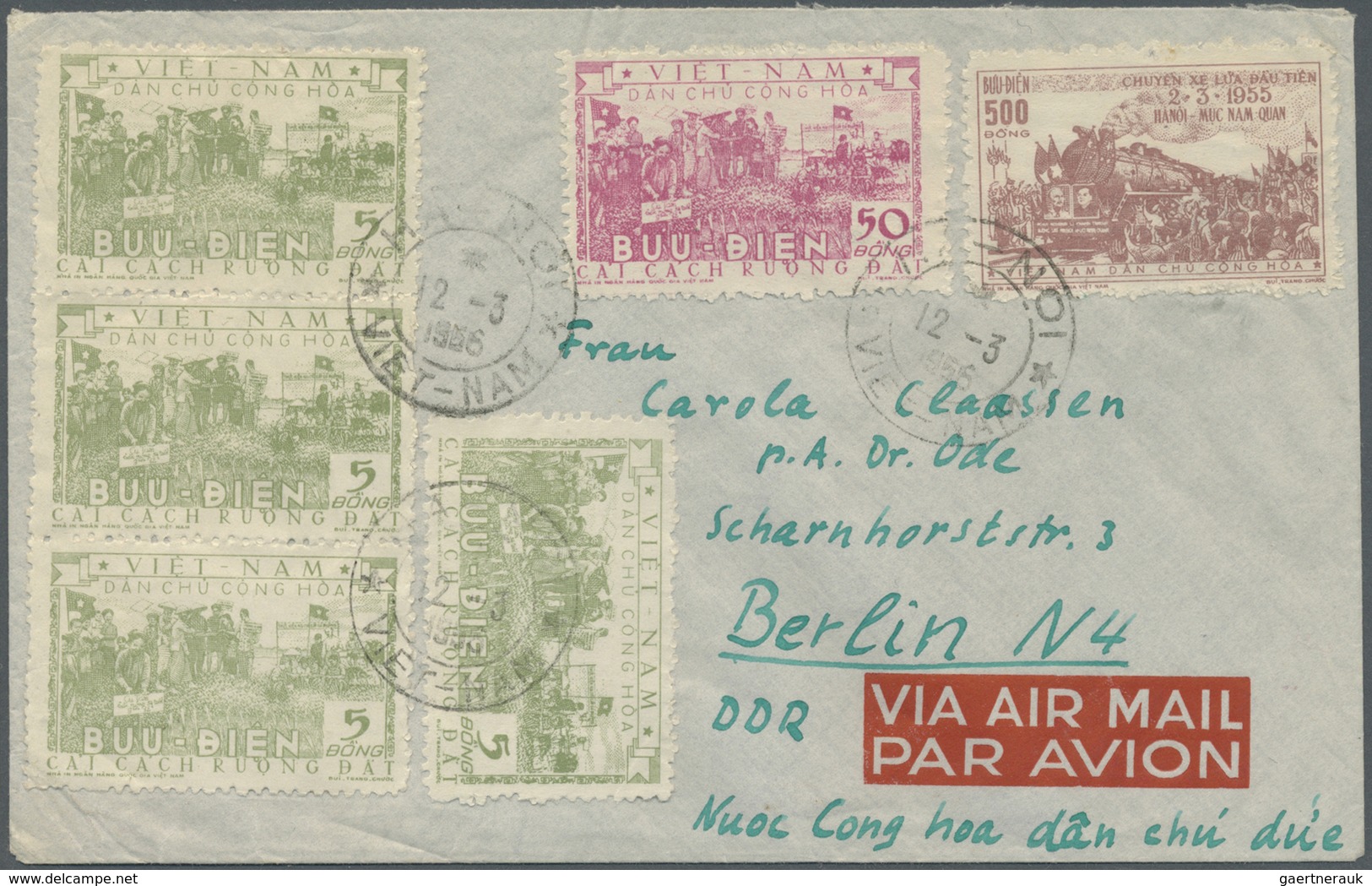 Br Vietnam-Nord (1945-1975): 1955, Agrar-reform 4x 5 D Green, 50 D Rose And Railway-line Hanoi/Nuc-Nam- - Vietnam