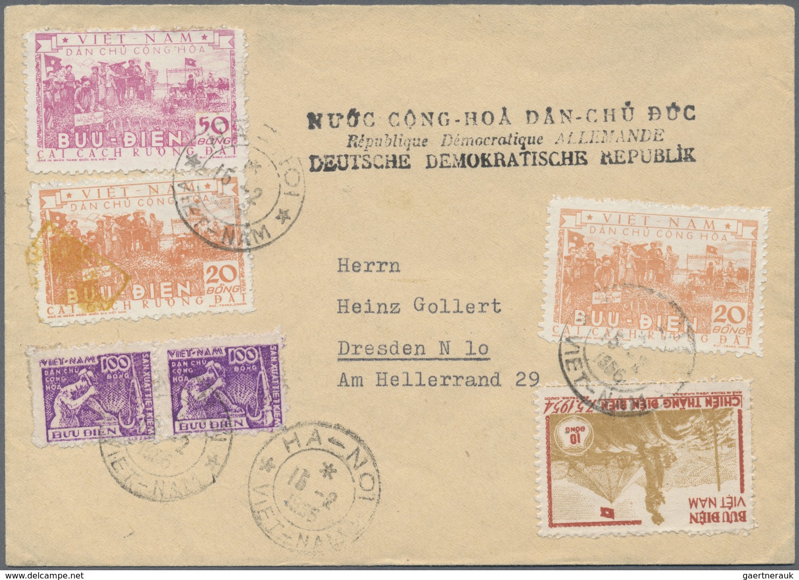 Br Vietnam-Nord (1945-1975): 1955 Agrar-reform 20 D Two Different Shades, One With Yellow Barr-overprin - Vietnam