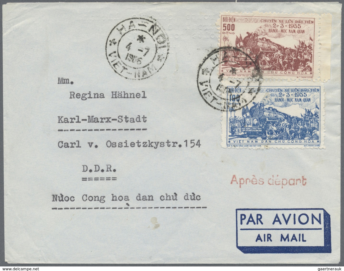 Br Vietnam-Nord (1945-1975): 1956, Railway-line Hanoi/Muc-Nam-Quan 100 D And 500 D On Airmail-letter Se - Vietnam