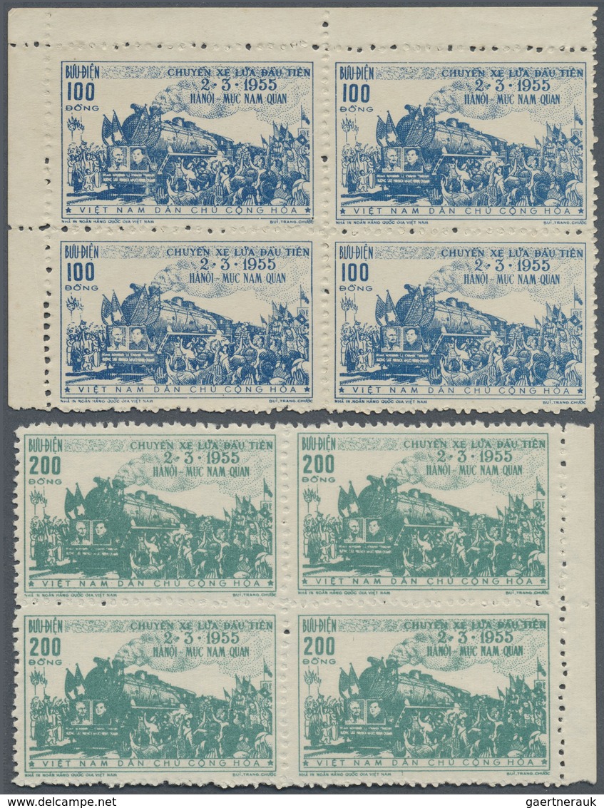 (*)/ Vietnam-Nord (1945-1975): 1956, Opening Of The Line Hanoi-Muc Nam Quan Unused Margin Blocks Of Four - Vietnam