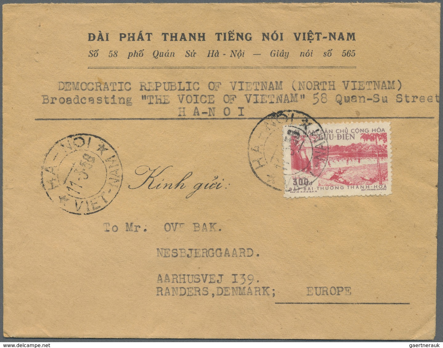 Br Vietnam-Nord (1945-1975): 1958, 300 D. Tied "HANOI 11 3 58" To Cover To Randers/Denmark, Sender "The - Vietnam