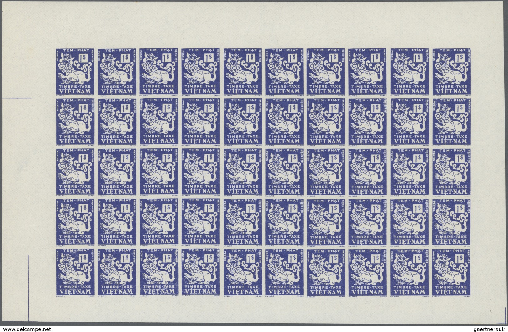 ** Vietnam-Süd - Portomarken: 1952. 1$ Bleu Dragon. Panneau Complet De 50 Non Dentelés. Sans Couleur Ar - Vietnam