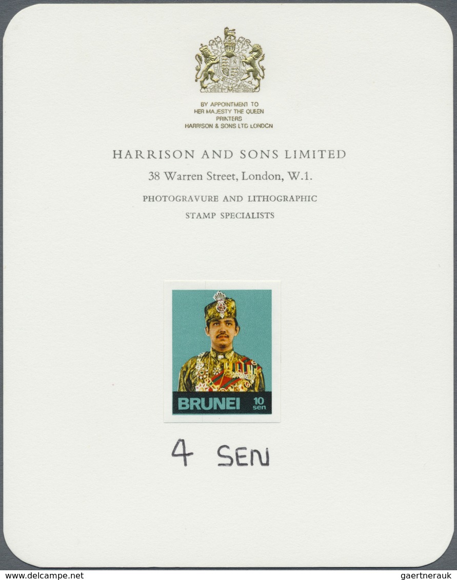 (*) Brunei: 1974, Sultan Hassanal Bolkiah 10s. Imperforate COLOUR TRIAL Affixed To Official Printers Car - Brunei (1984-...)