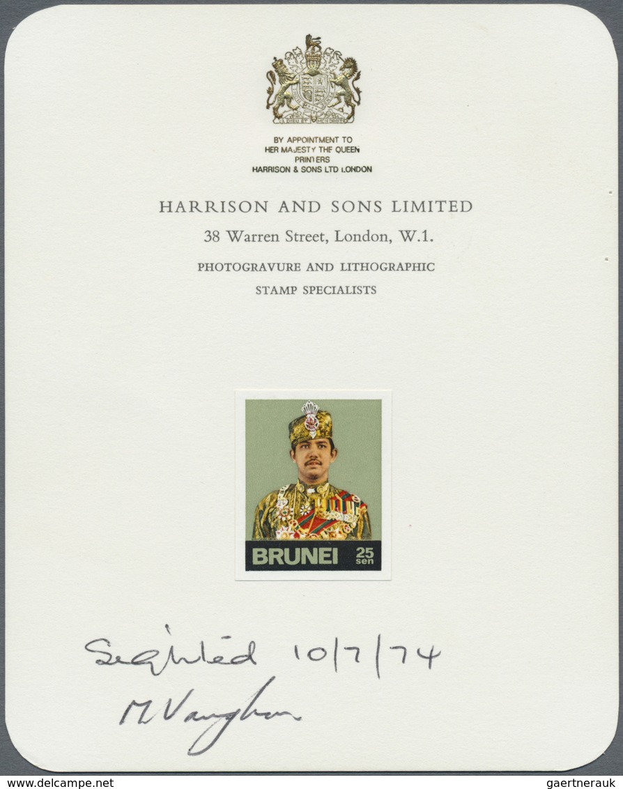 (*) Brunei: 1974, Sultan Hassanal Bolkiah 25s. Imperforate COLOUR PROOF Affixed To Official Printers Car - Brunei (1984-...)