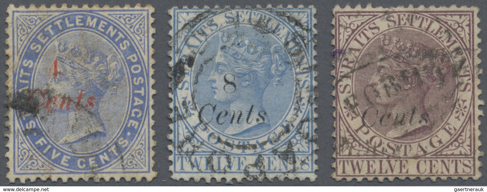 O Malaiische Staaten - Straits Settlements: 1884 4c. On 5c. Blue (red Ovpt.), 8c. On 12c. Blue And 8c. - Straits Settlements