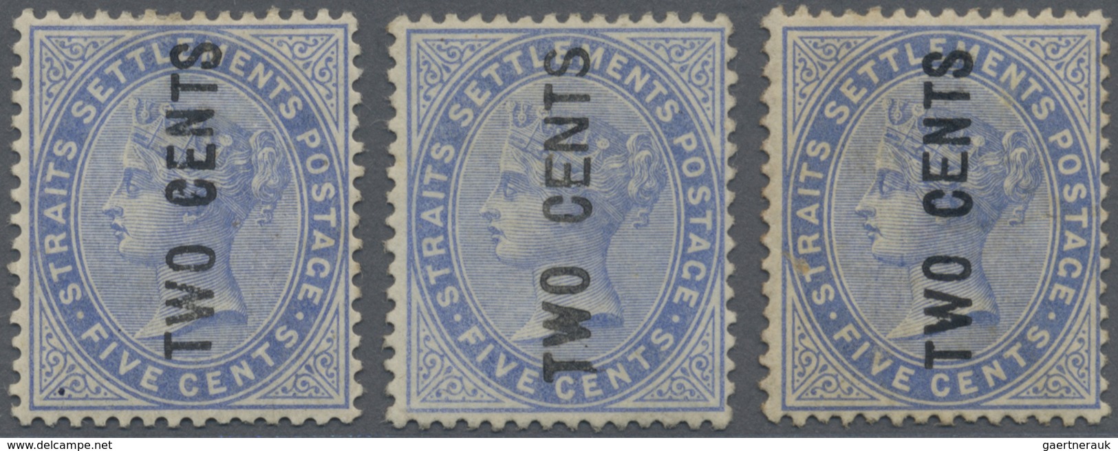 * Malaiische Staaten - Straits Settlements: 1884 2c. On 5c. Blue, Three Singles With The Different Typ - Straits Settlements