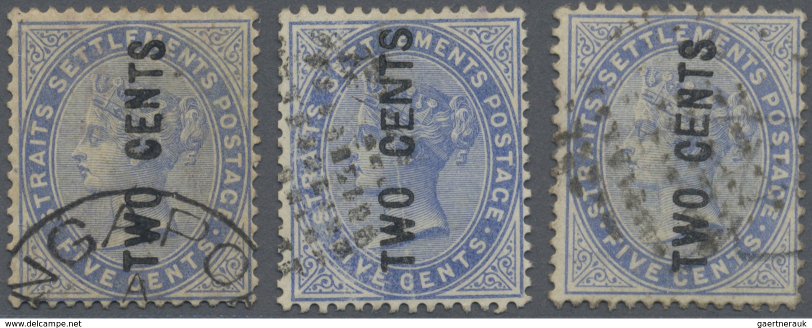 O Malaiische Staaten - Straits Settlements: 1884 2c. On 5c. Blue, Three Singles With The Different Typ - Straits Settlements