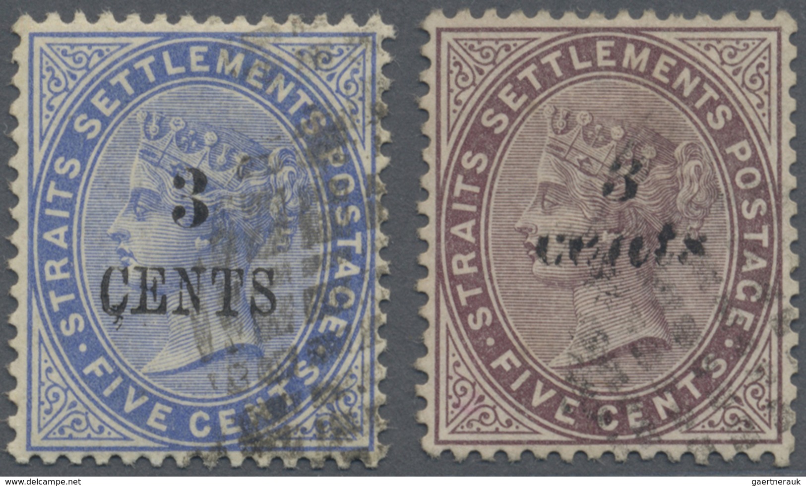 O Malaiische Staaten - Straits Settlements: 1885-86 3c. On 5c. Blue As Well As 3c. On 5c. Purple-brown - Straits Settlements