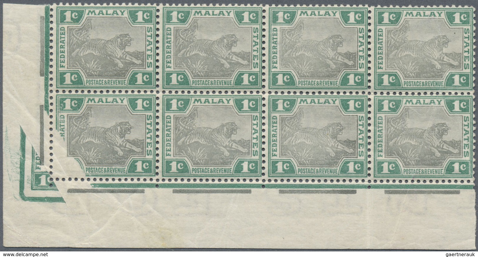 ** Malaiischer Staatenbund: 1901, Tiger Definitive With Wmk. Crown CA 1c. Grey And Green Block Of Eight - Federated Malay States