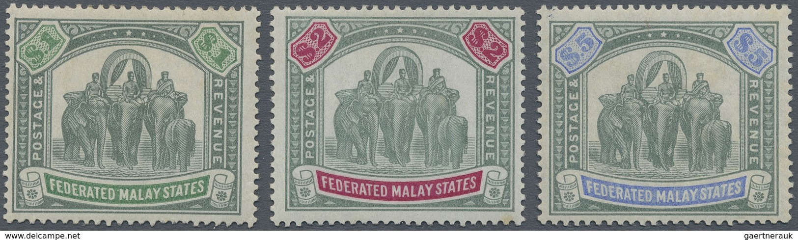 * Malaiischer Staatenbund: 1900, Elephant Definitives With Wmk. Crown CC Set Of Three To $5, Mint Hing - Federated Malay States