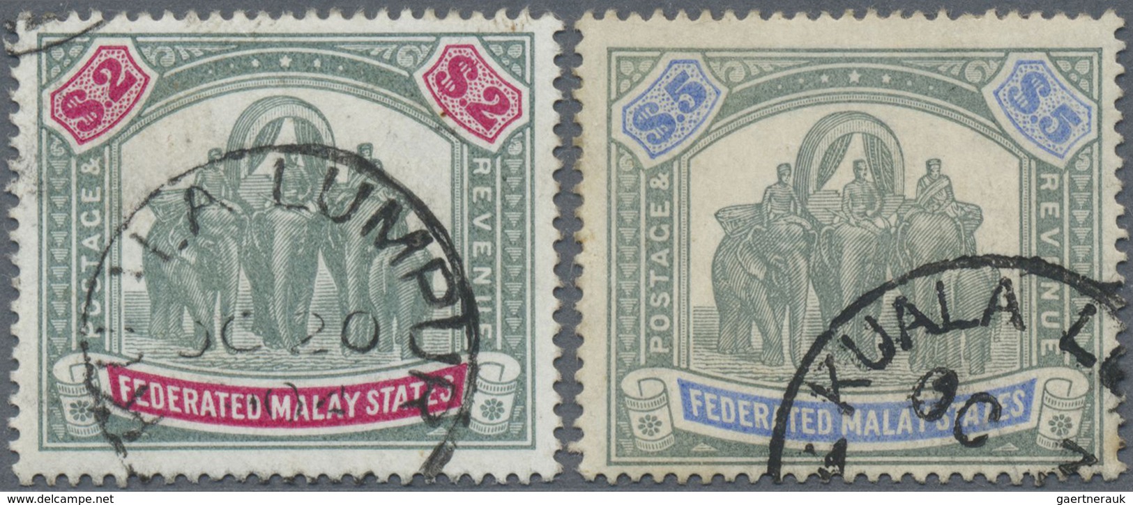 O Malaiischer Staatenbund: 1900, Elephant Definitives With Wmk. Crown CC $2 Green/carmine And $5 Green - Federated Malay States