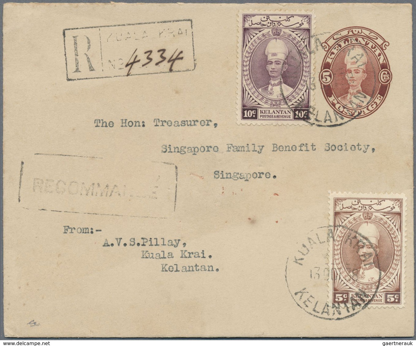 GA Malaiische Staaten - Kelantan: 1937 Postal Stationery Envelope 5c. Brown Used Registered From Kuala - Kelantan