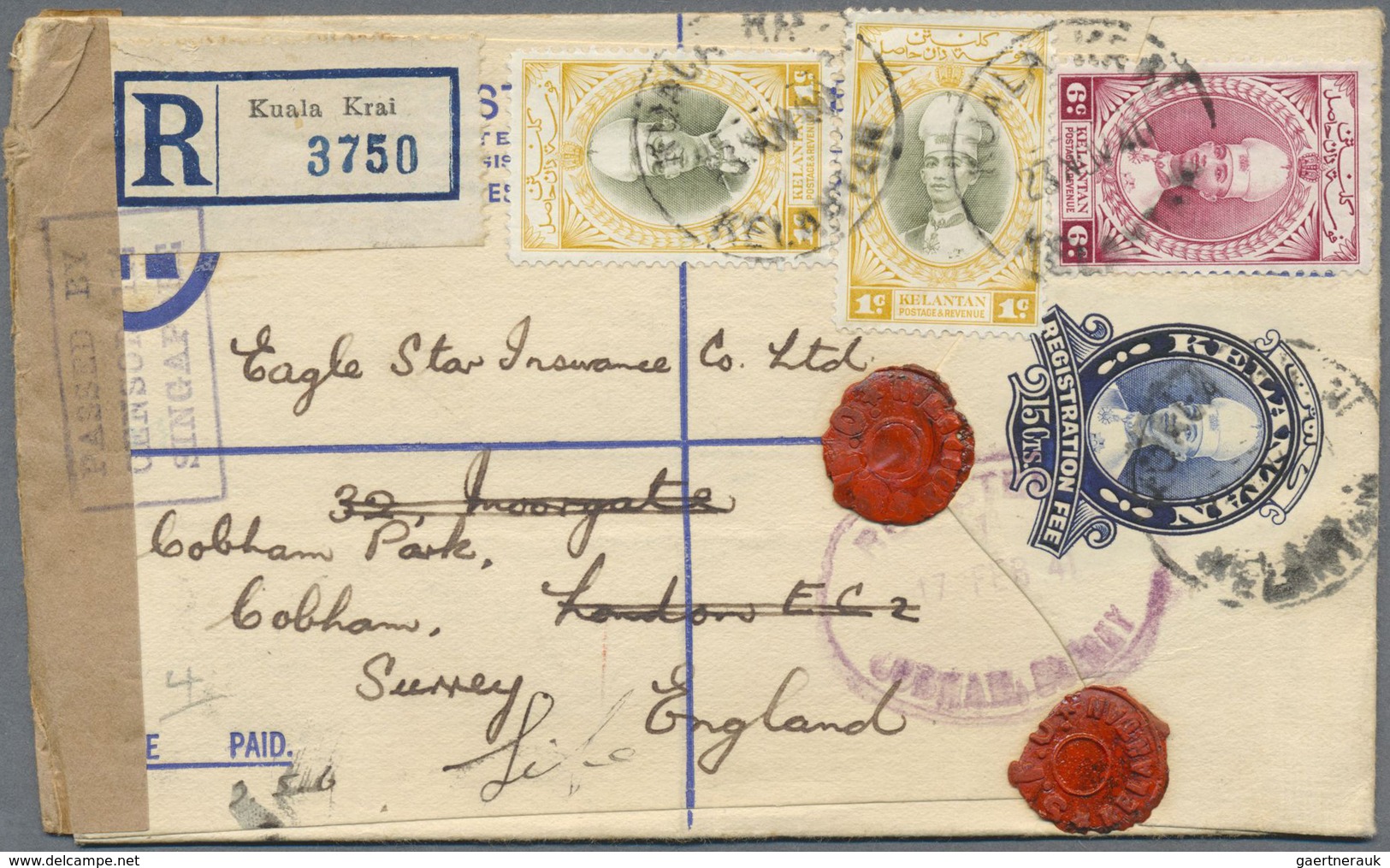 GA Malaiische Staaten - Kelantan: 1937 Postal Stationery Registered Envelope Used In 1940 From Kuala Kr - Kelantan