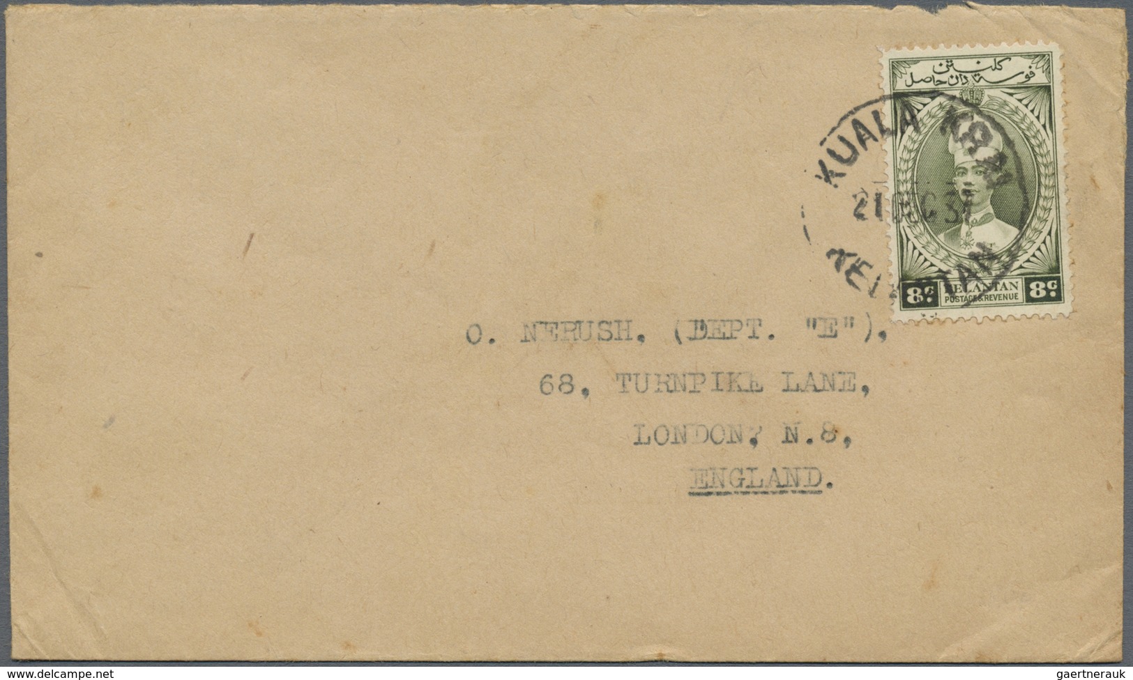 Br Malaiische Staaten - Kelantan: 1937, 8 C Grey-olive Sultan Ismail, Single Franking On Cover From KUA - Kelantan