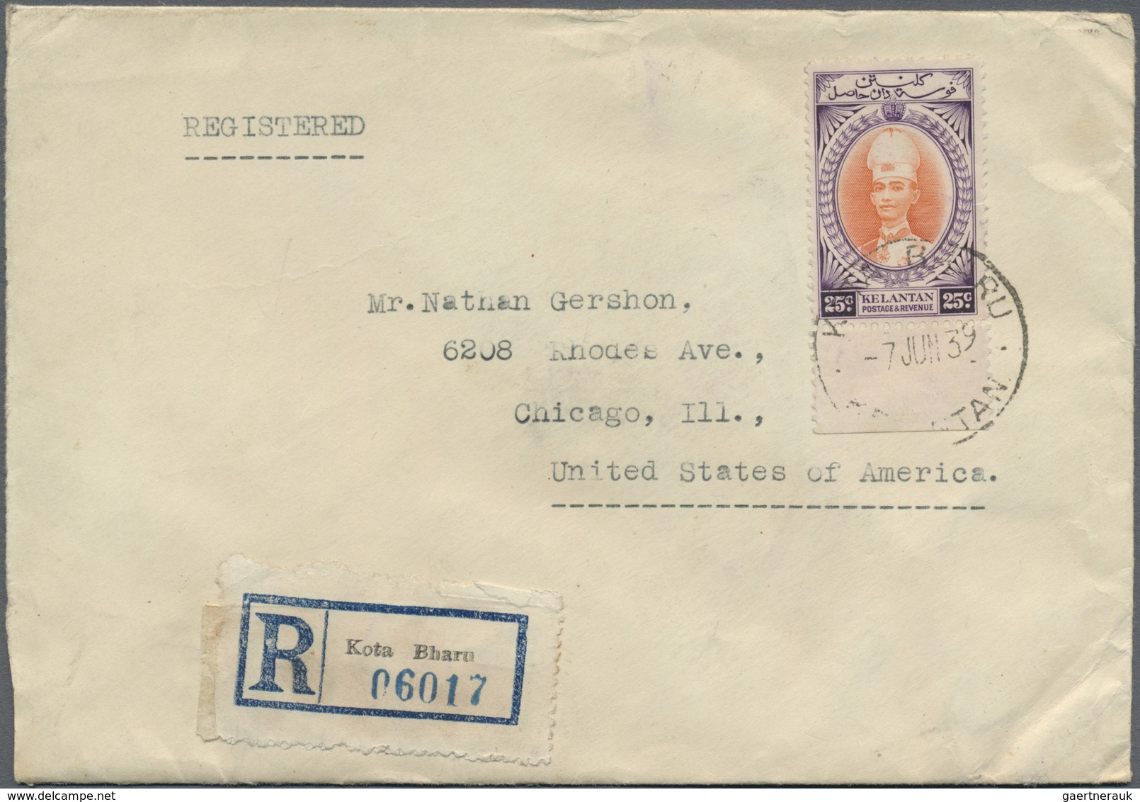 Br Malaiische Staaten - Kelantan: 1939, 25 C Vermilion/violet Sultan Ismail, Single Franking On Registe - Kelantan