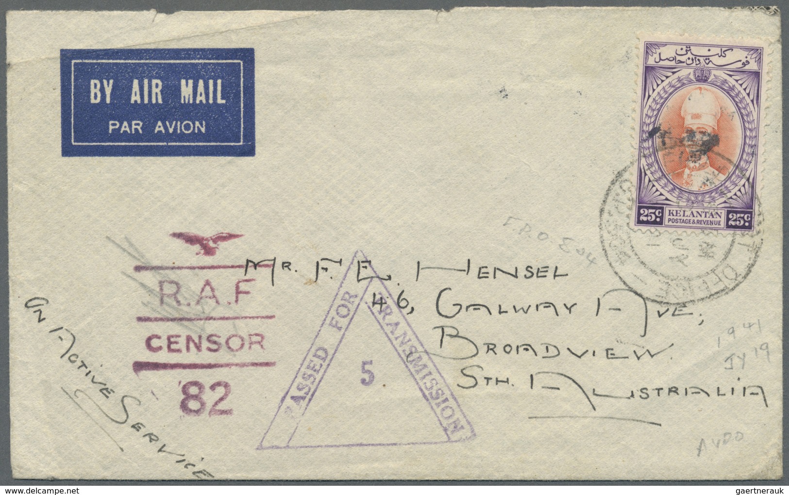 Br Malaiische Staaten - Kelantan: 1941, 25 C. Tied "FIELD POST OFFICE S04 19 JY 41" To Air Mail Cover T - Kelantan