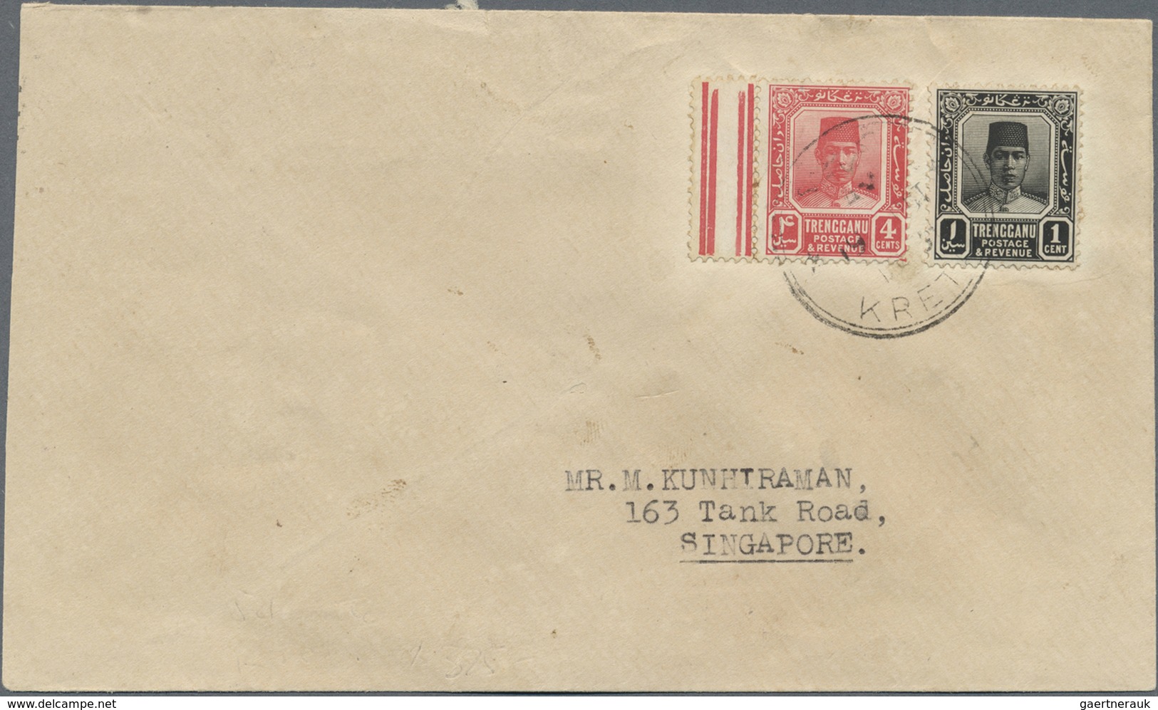 Br Malaiische Staaten - Trengganu: 1931 KERTEH P.O.: Cover To Singapore Franked By 1921-26 1c. Black An - Trengganu