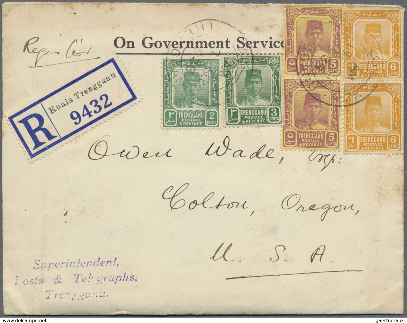 Br Malaiische Staaten - Trengganu: 1938 'On Government Service' Envelope + Contents Sent Registered Fro - Trengganu
