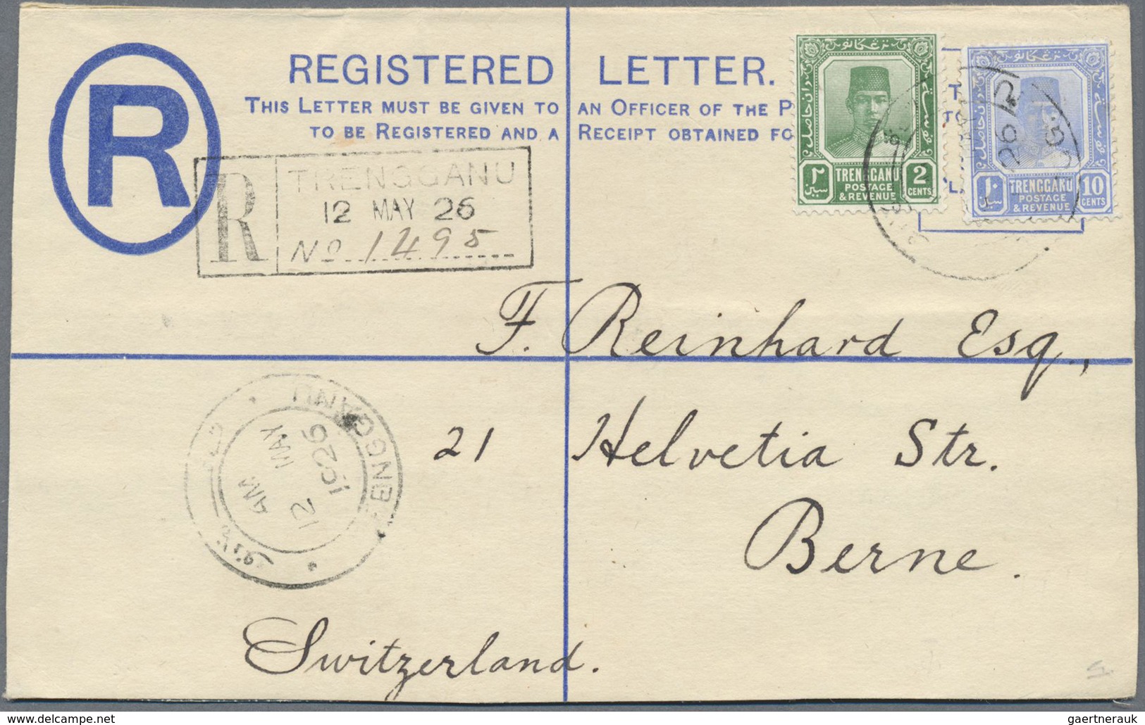 GA Malaiische Staaten - Trengganu: 1926 Postal Stationery Registered Envelope 10c. Used To Switzerland, - Trengganu