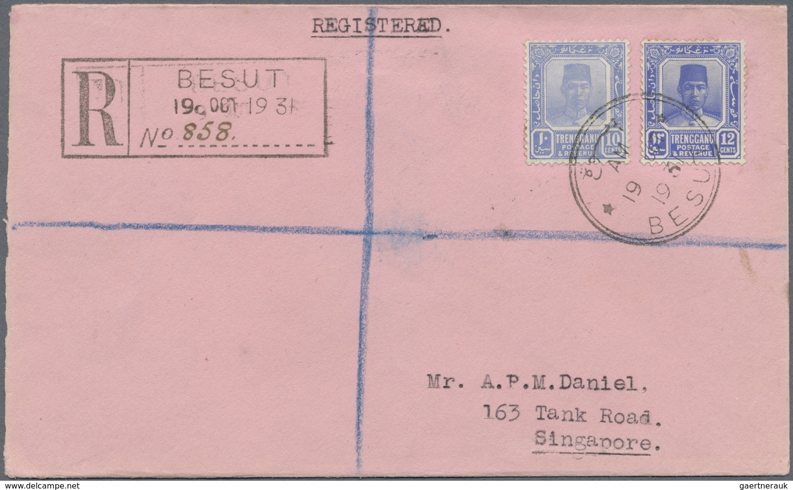 Br Malaiische Staaten - Trengganu: 1931 BESUT P.O.: Registered Cover To Singapore Franked By 1921-26 10 - Trengganu