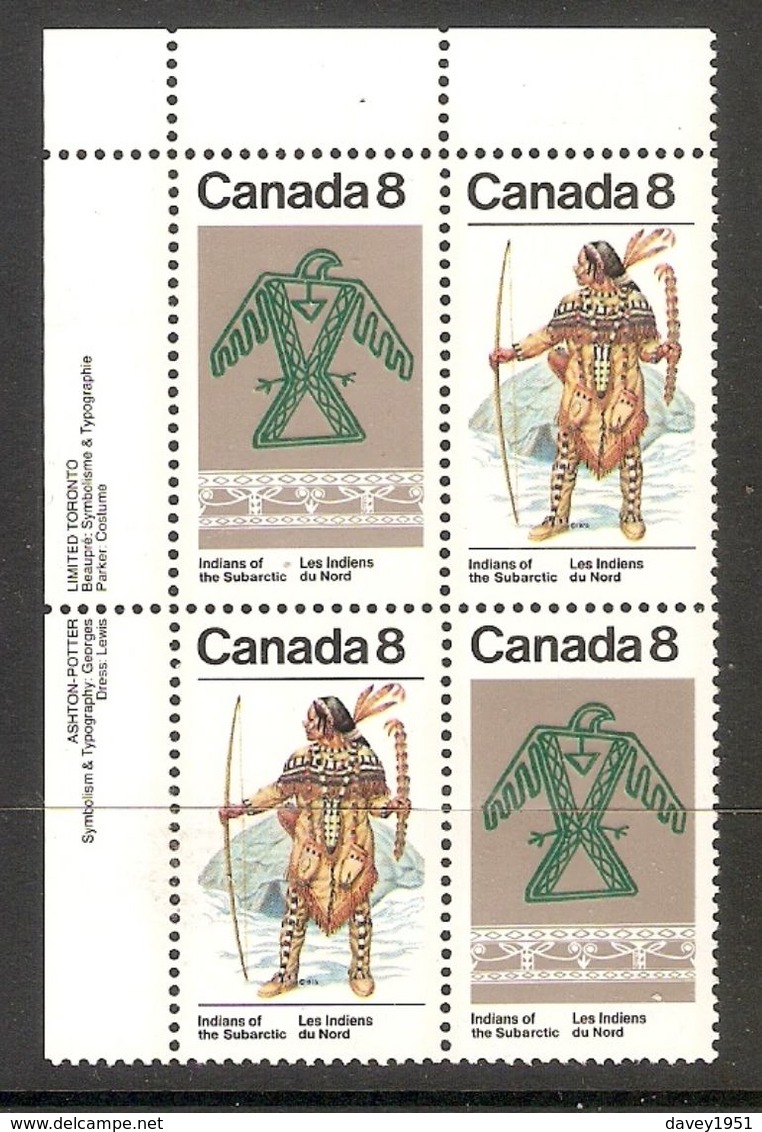 006335 Canada 1975 Indians 8c Plate Block UL MNH - Plate Number & Inscriptions