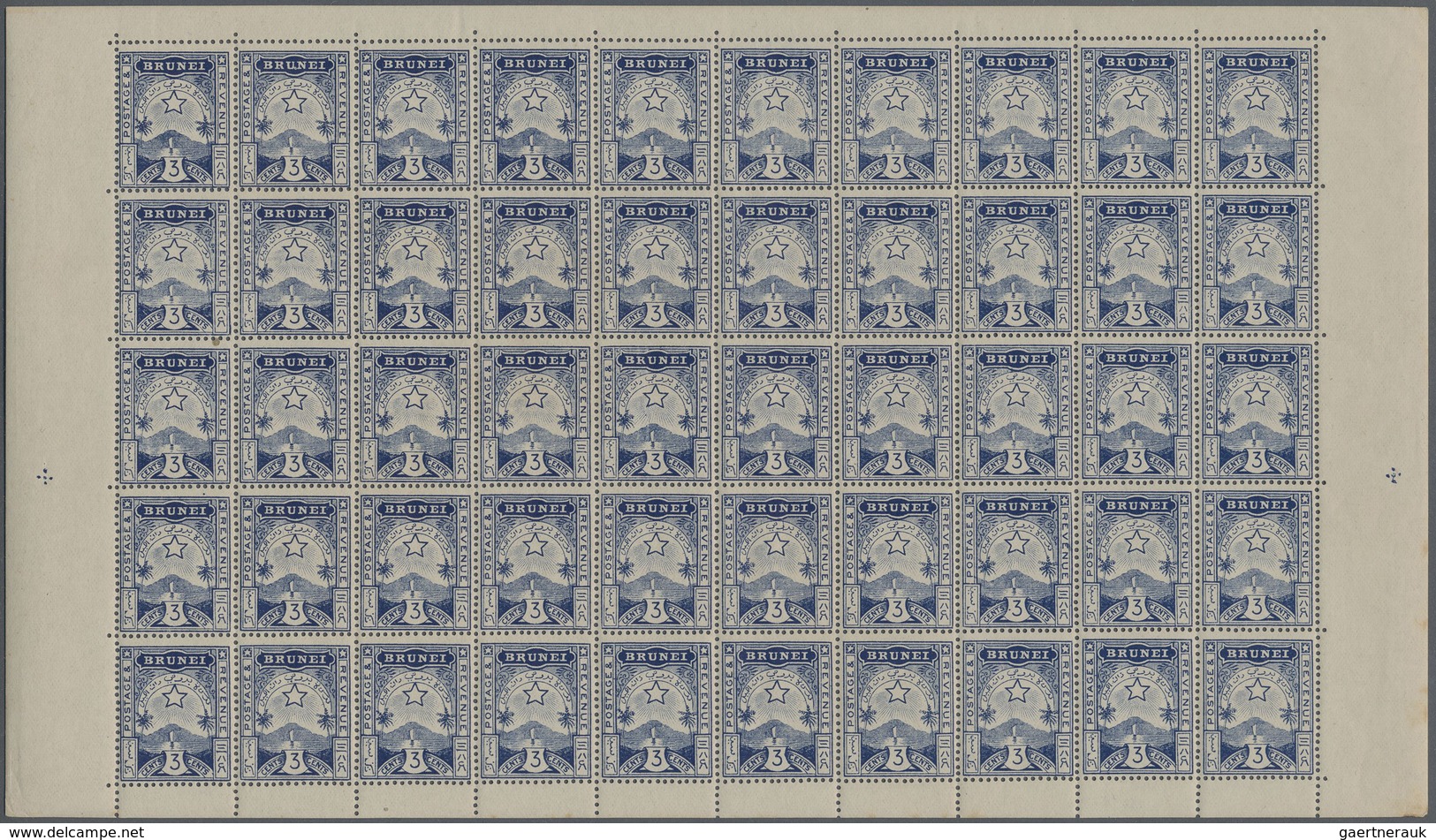 ** Brunei: 1895, Star And Local Scene 3c. Deep Blue In A Complete Unfolded Sheet With 50 Stamps Incl. M - Brunei (1984-...)