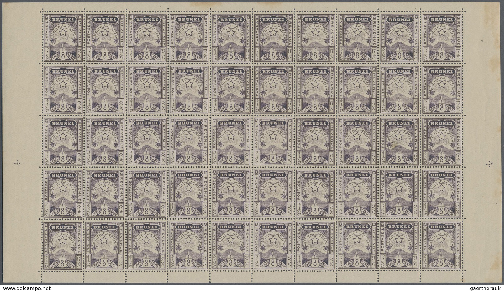 ** Brunei: 1895, Star And Local Scene 8c. Plum In A Complete Unfolded Sheet With 50 Stamps Incl. Margin - Brunei (1984-...)