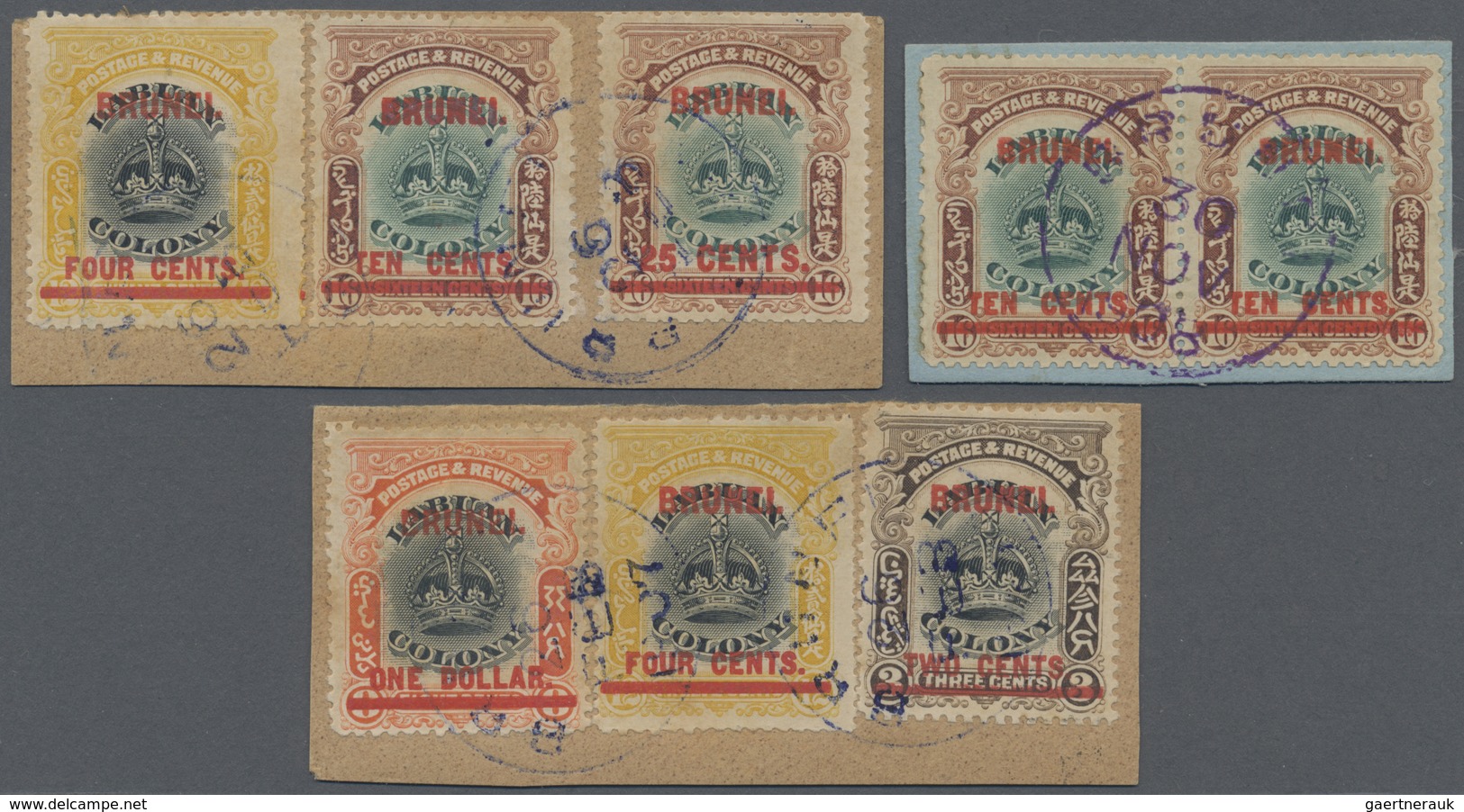 Brfst Brunei: 1906, Labuan Stamps With Red Opt. 'BRUNEI' Eight Stamps On Three Pieces Incl. 4c., 10c. + 25 - Brunei (1984-...)