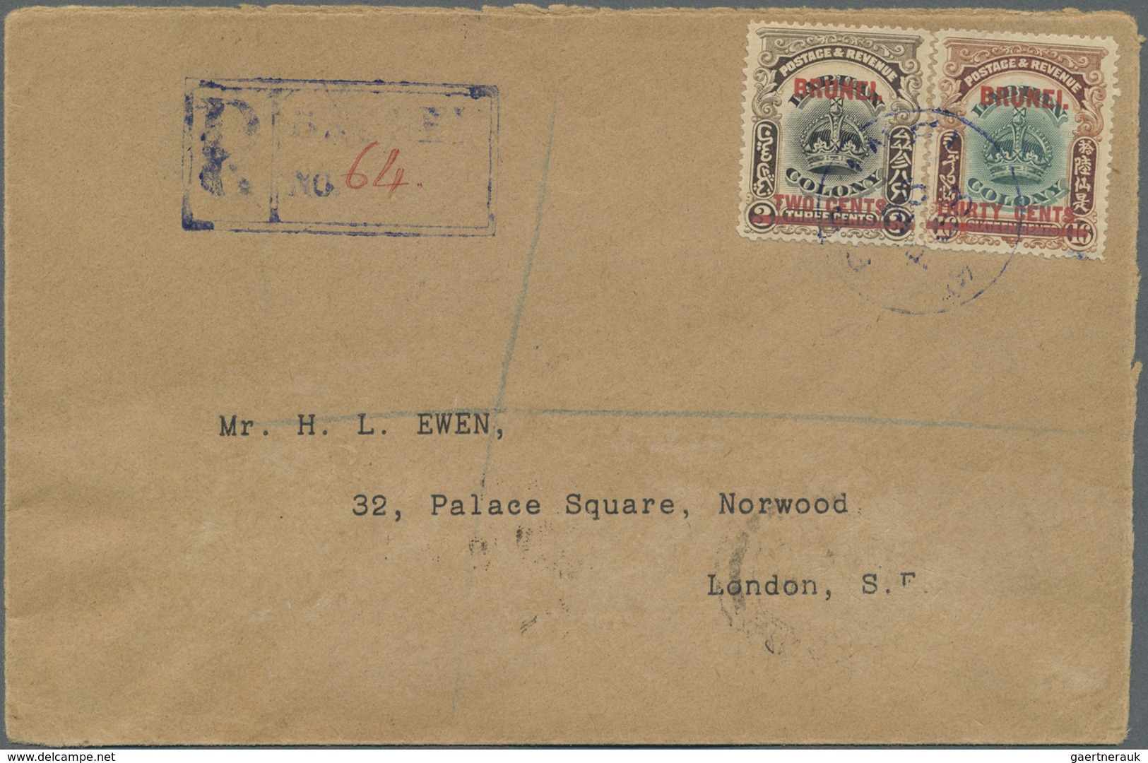 Br Brunei: 1907 (26.2.), Registered Cover Bearing Labuan Stamps With Red Opt. 'BRUNEI' 2c. On 3c. Black - Brunei (1984-...)