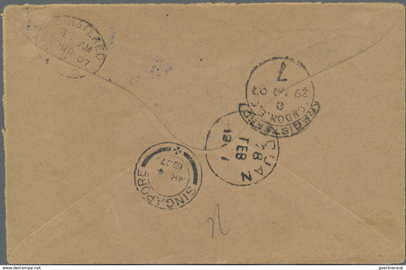 Br Brunei: 1907 (26.2.), Registered Cover Bearing Labuan Stamps With Red Opt. 'BRUNEI' 2c. On 3c. Black - Brunei (1984-...)