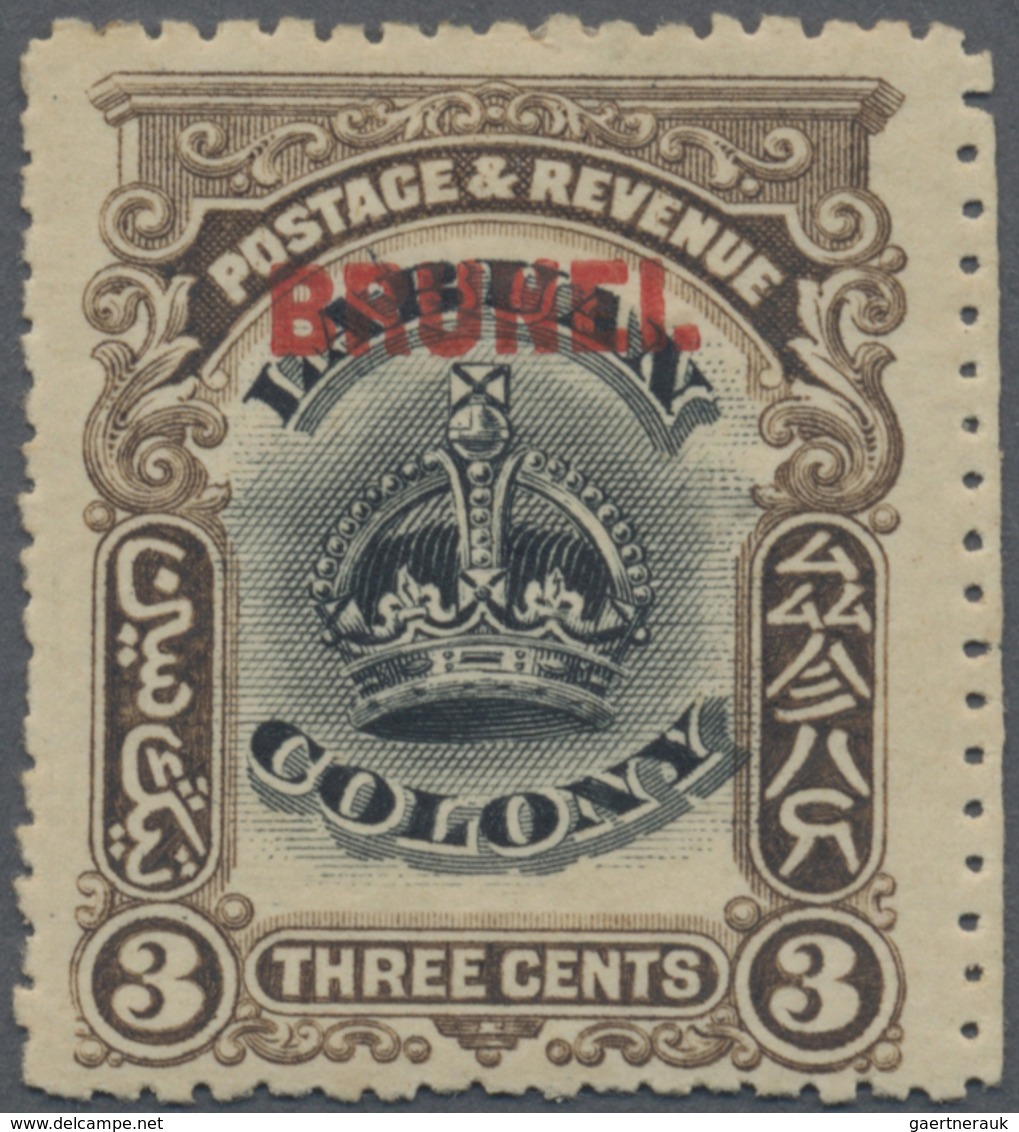 * Brunei: 1906, Labuan Stamp 3c. Black And Sepia With Red Opt. 'BRUNEI' With Variety 'line Through B O - Brunei (1984-...)