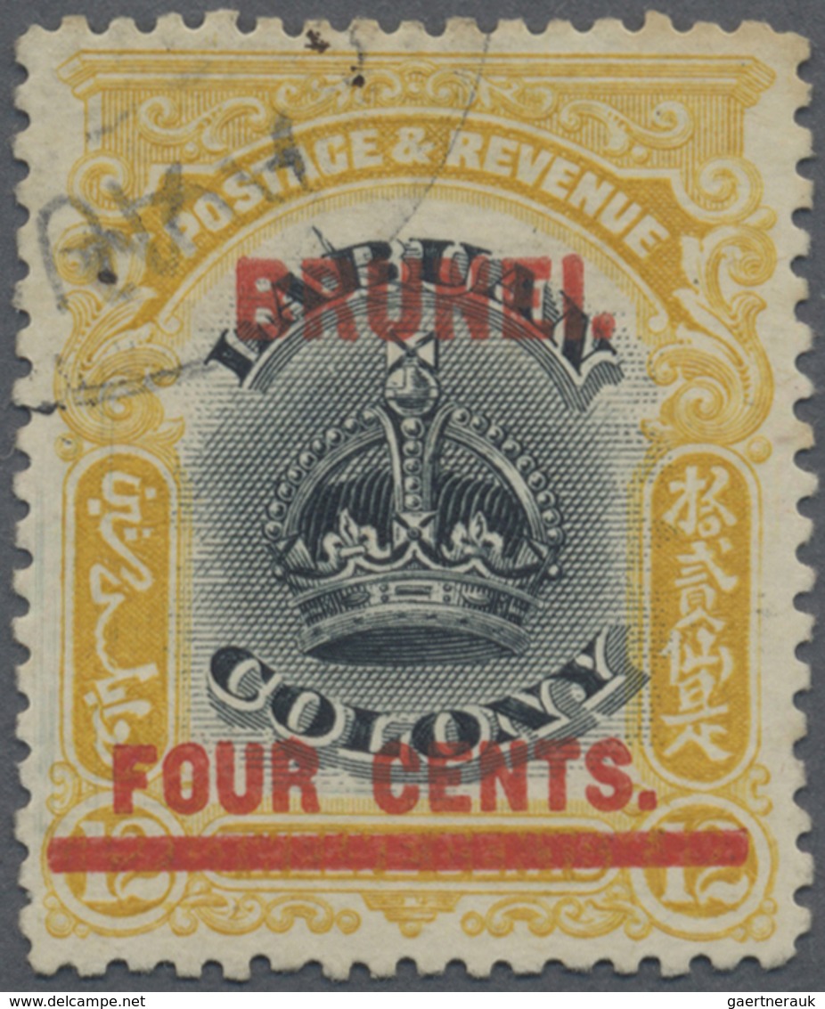 O Brunei: 1906, Labuan Stamp 4c. On 12c. Black And Yellow With Red Opt. 'BRUNEI' With Variety 'line Th - Brunei (1984-...)