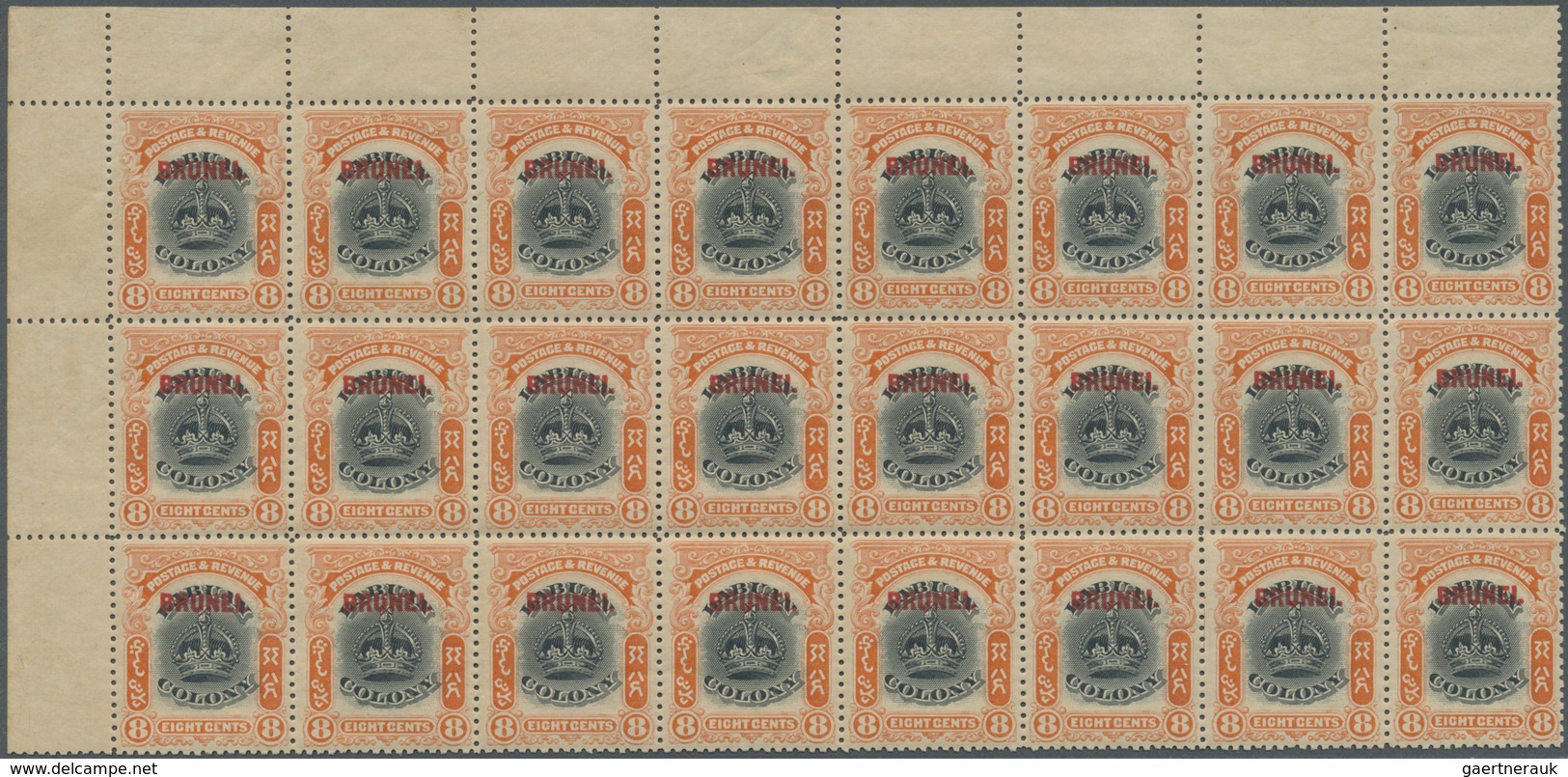 ** Brunei: 1906, Labuan Stamp 8c. Black And Vermilion With Red Opt. 'BRUNEI' Block Of 24 From Upper Lef - Brunei (1984-...)