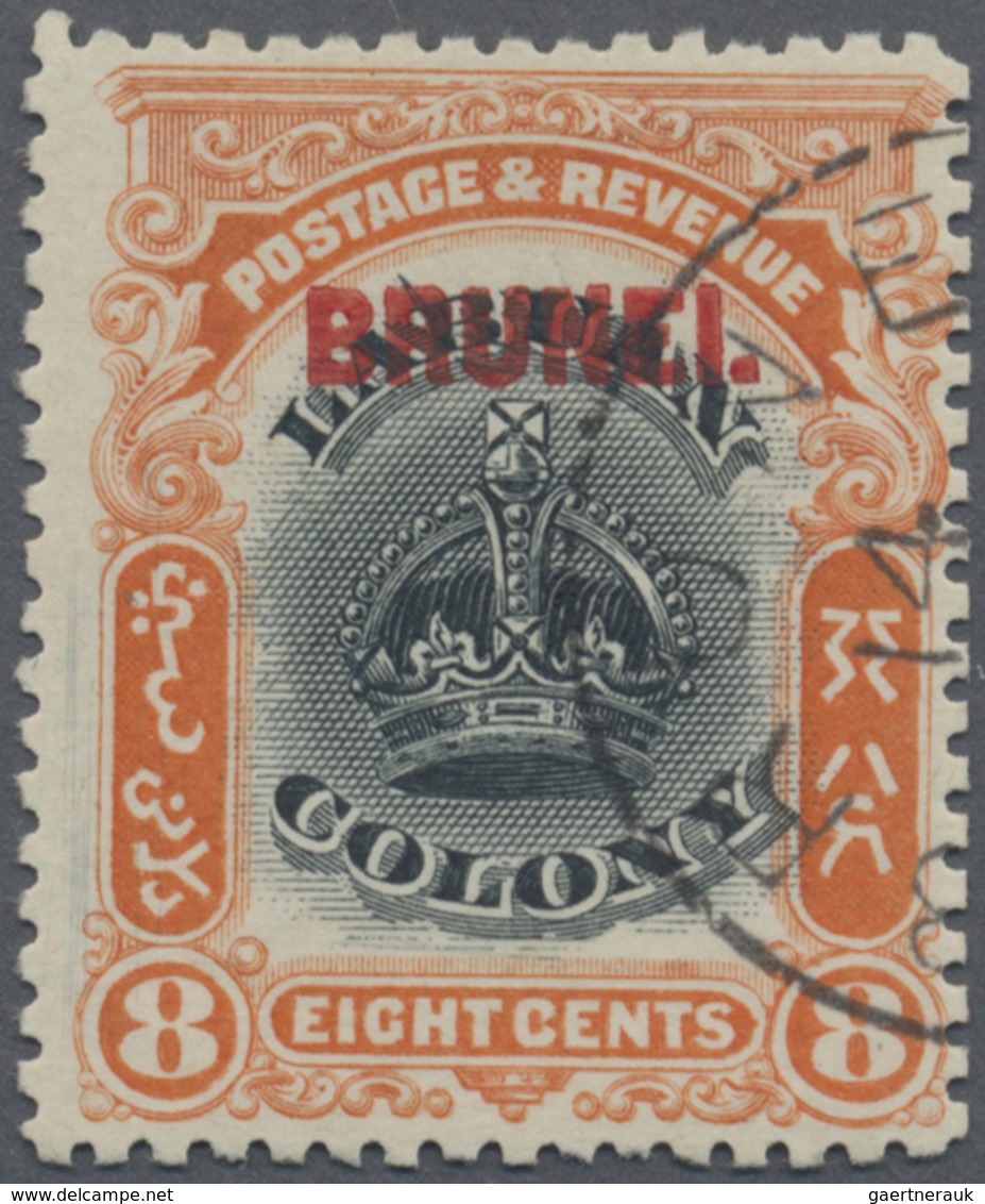 O Brunei: 1906, Labuan Stamp 8c. Black And Vermilion With Red Opt. 'BRUNEI' With Variety 'line Through - Brunei (1984-...)