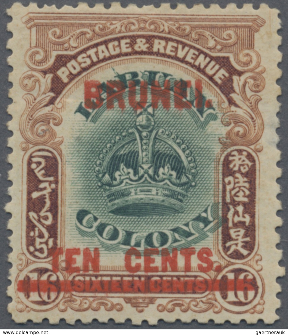 * Brunei: 1906, Labuan Stamp 10c. On 16c. Green And Brown With Red Opt. 'BRUNEI' With Variety 'line Th - Brunei (1984-...)