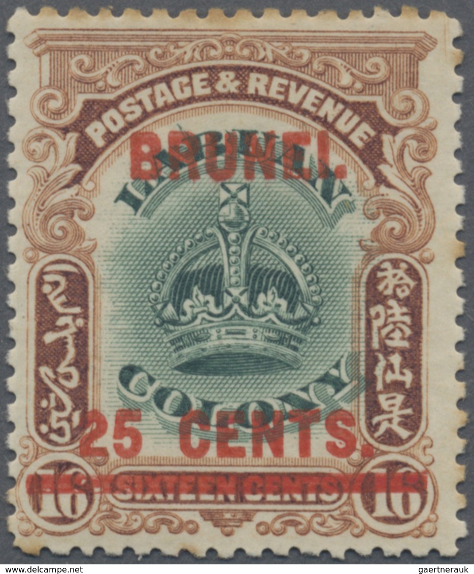 * Brunei: 1906, Labuan Stamp 25c. On 16c. Green And Brown With Red Opt. 'BRUNEI' With Variety 'line Th - Brunei (1984-...)