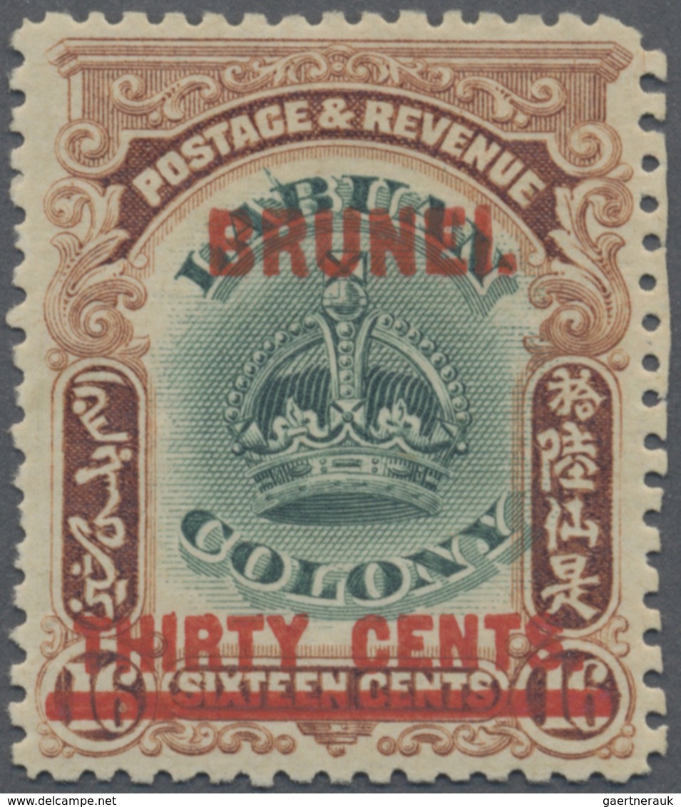 * Brunei: 1906, Labuan Stamp 30c. On 16c. Green And Brown With Red Opt. 'BRUNEI' With Variety 'line Th - Brunei (1984-...)