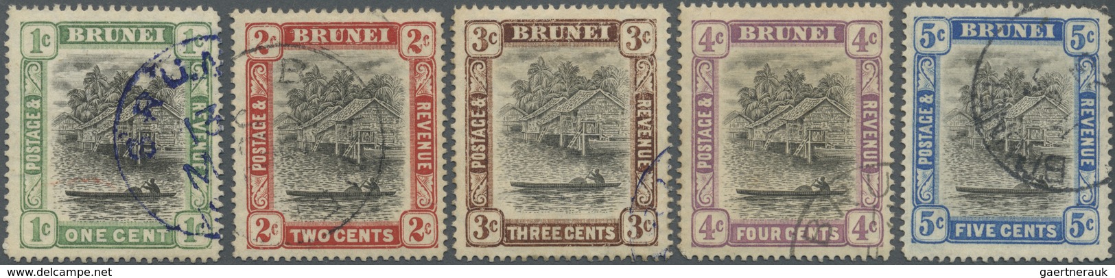 O Brunei: 1907, 'Huts And Canoe' Five Different Stamps 1c. To 5c. All With REVERSED WATERMARK, Fine Us - Brunei (1984-...)