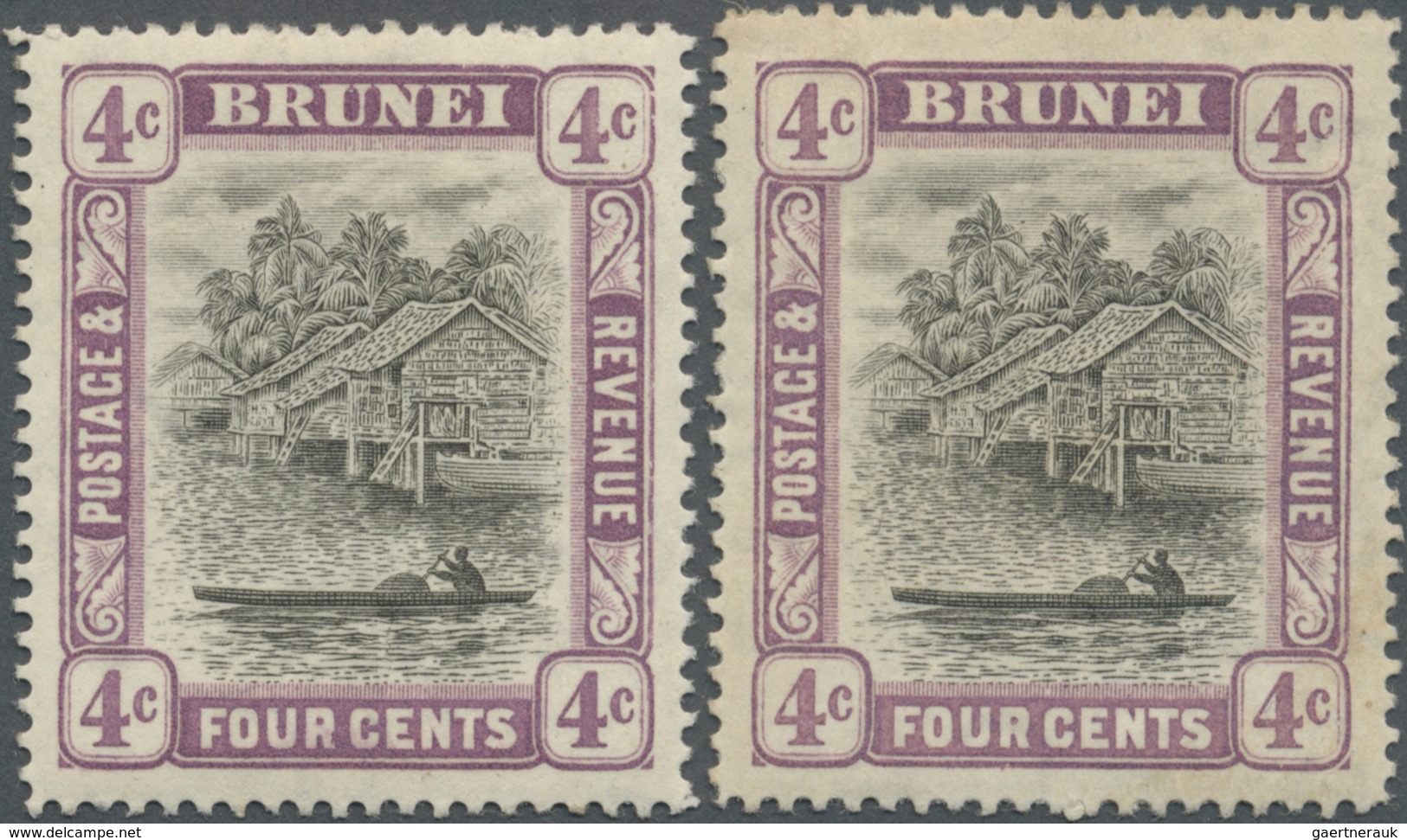 * Brunei: 1907, 'Huts And Canoe' 4c. Grey-black And Mauve Two Stamps With INVERTED Or REVERSED WATERMA - Brunei (1984-...)