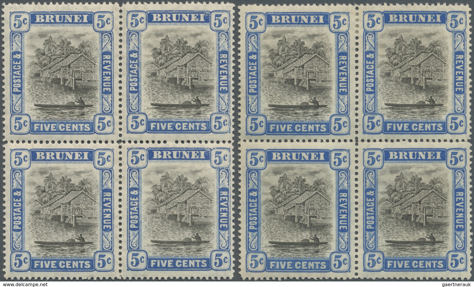 **/* Brunei: 1907, 'Huts And Canoe' 5c. Grey-black And Blue In Two Blocks Of Four With Slightly Different - Brunei (1984-...)