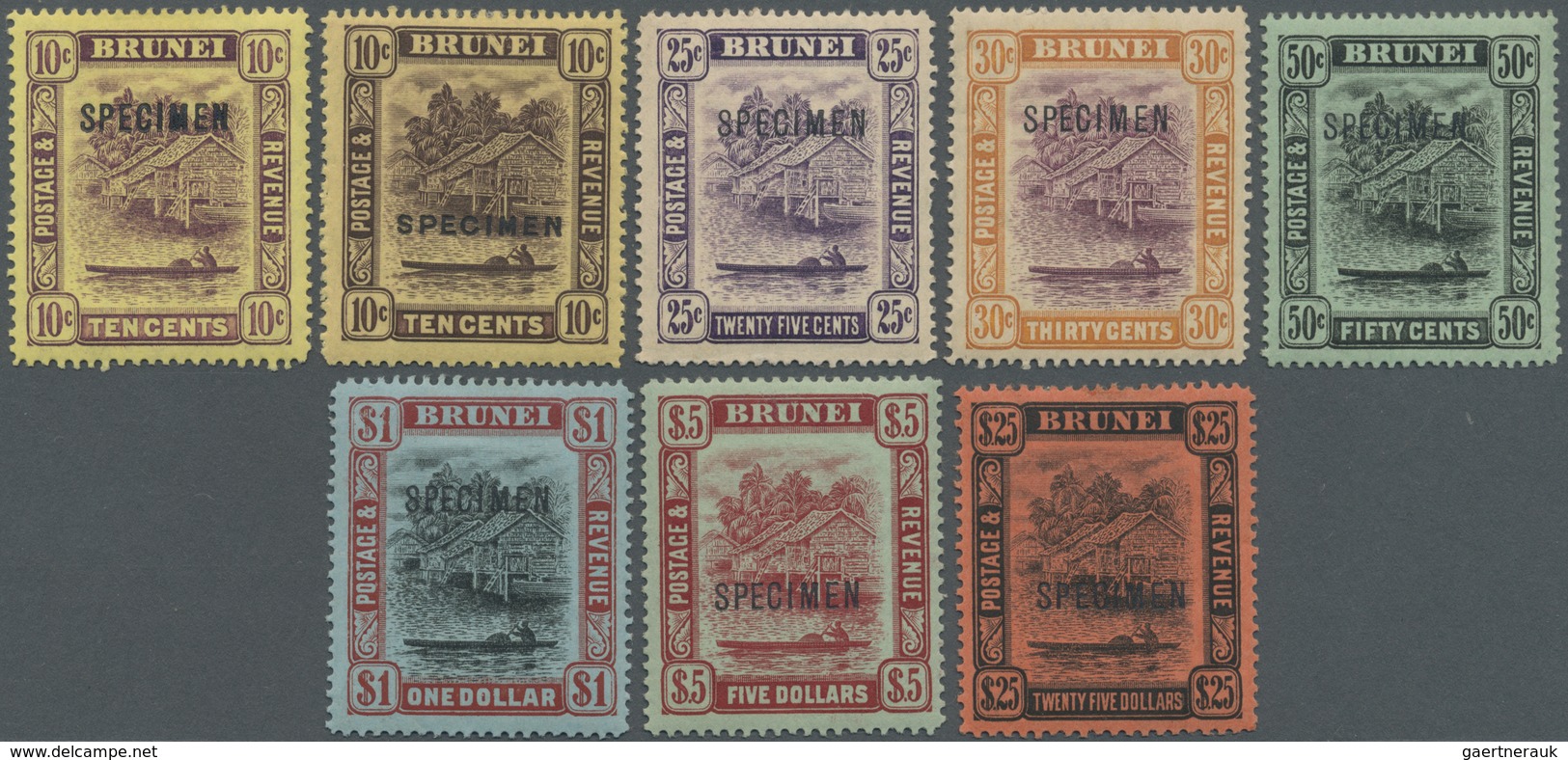 * Brunei: 1908/1922, 'Huts And Canoe' Colour Changes With Black SPECIMEN Opt. Complete Set Of 16 To $2 - Brunei (1984-...)